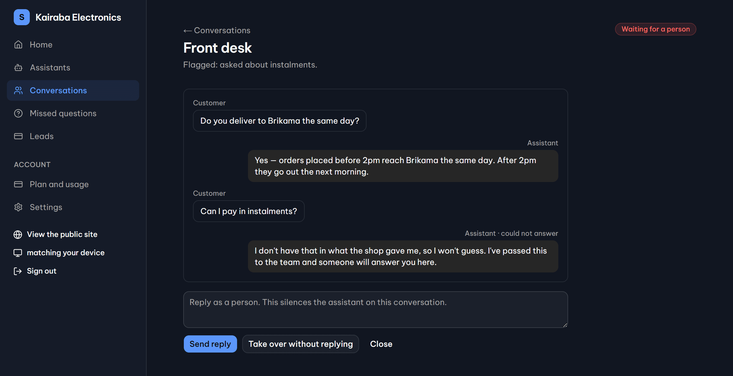 A conversation where the assistant declined to answer, with the controls a member of staff uses to take it over.