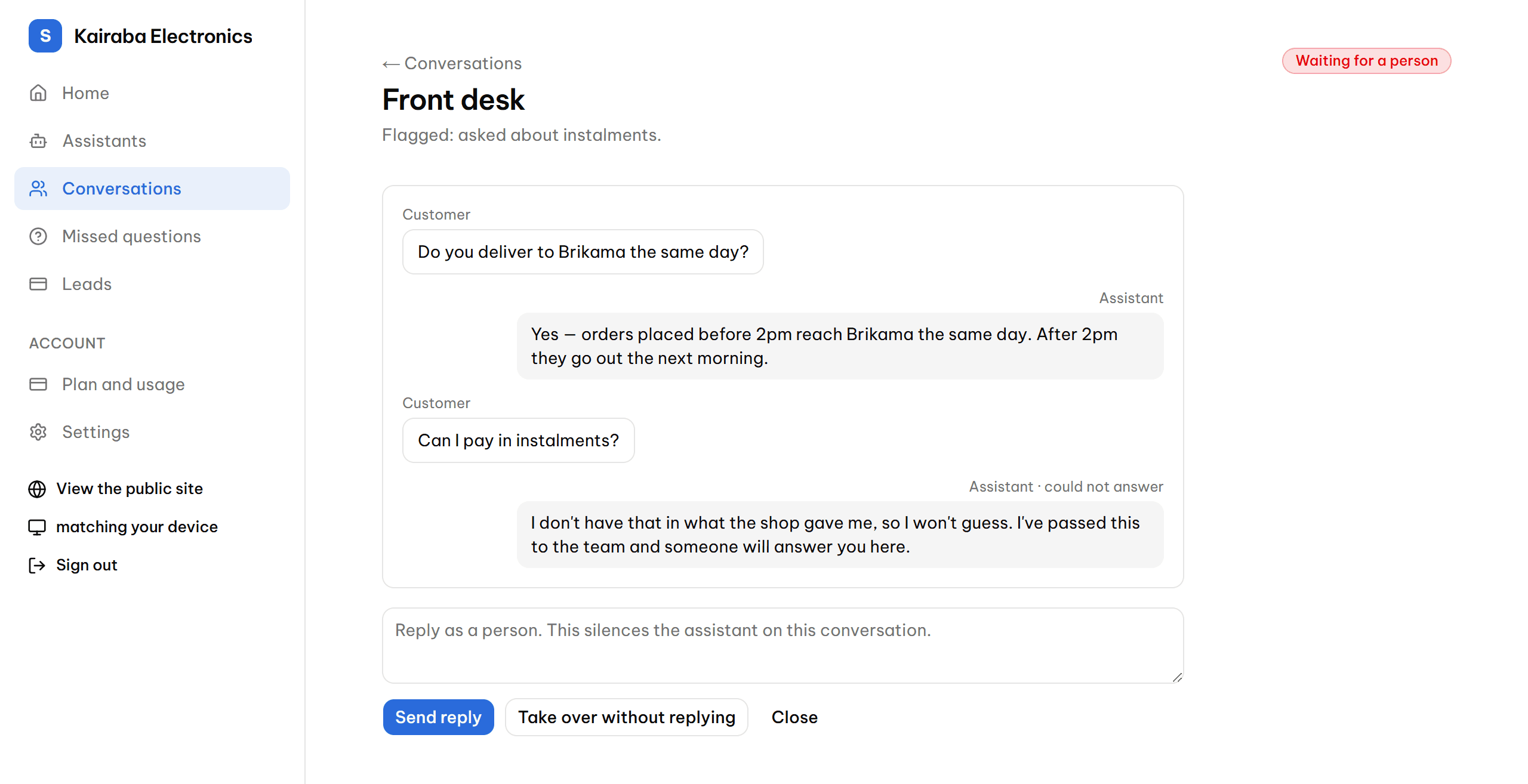 A conversation where the assistant declined to answer, with the controls a member of staff uses to take it over.