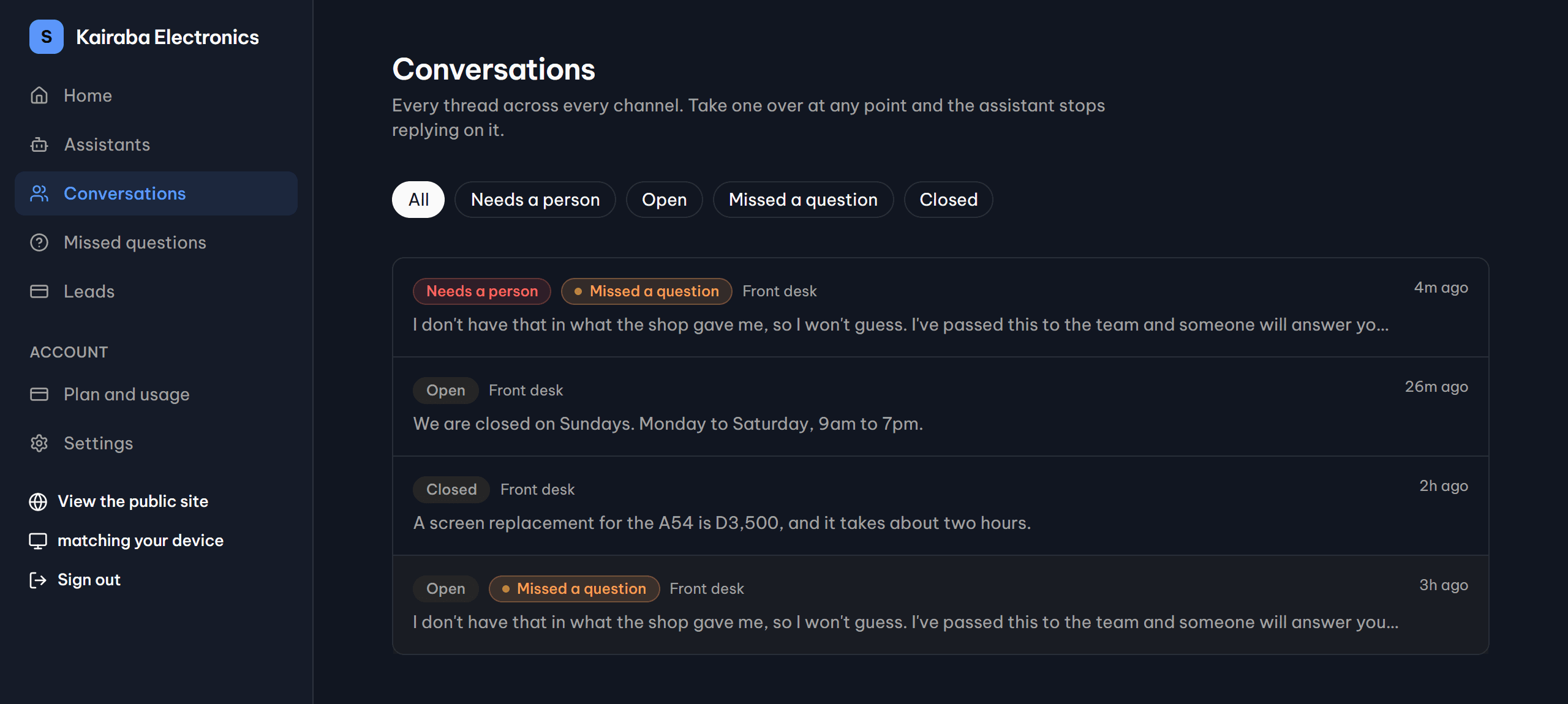 The conversations inbox, showing threads from the website and WhatsApp with their status.