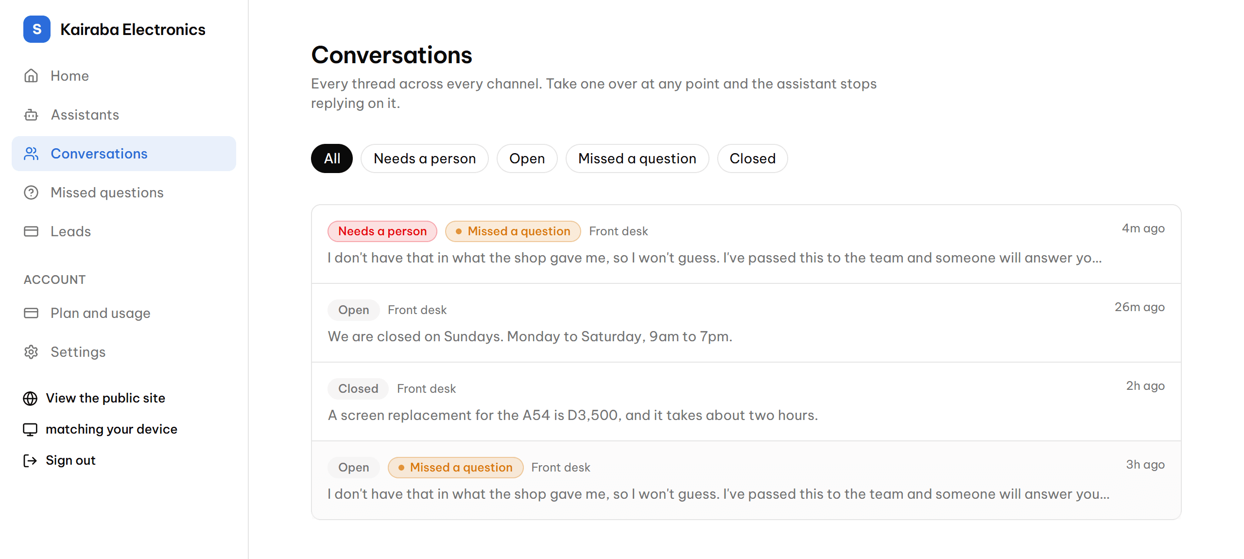 The conversations inbox, showing threads from the website and WhatsApp with their status.